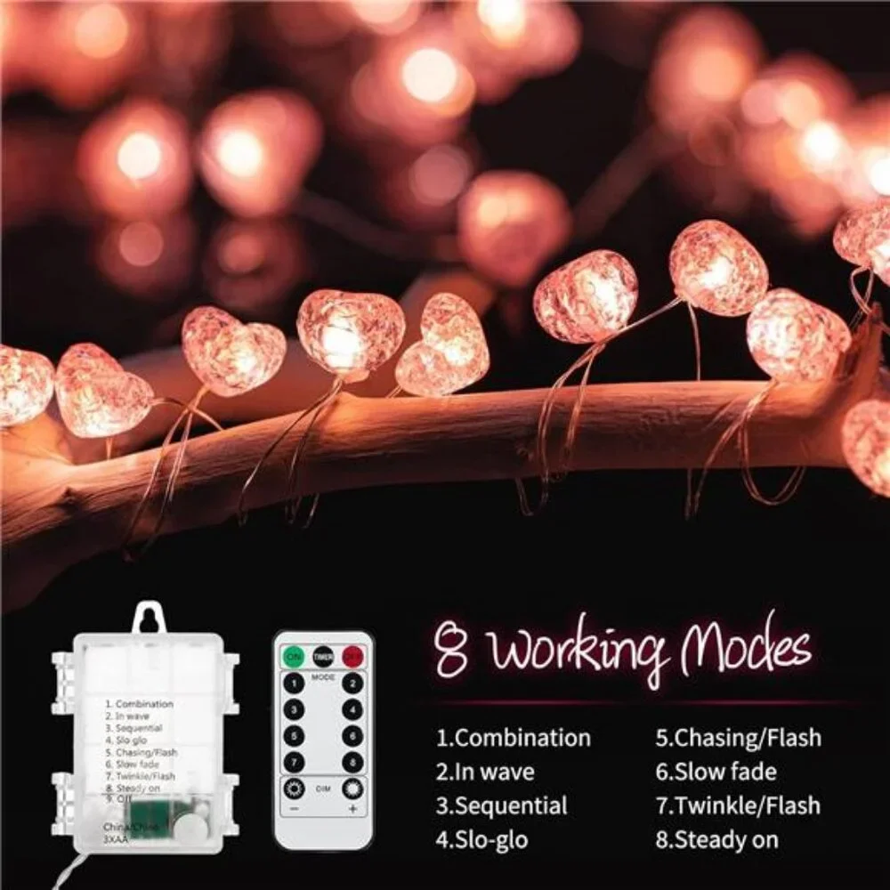 Lovely Valentine’s Day Fairy String Lights 10.5 ft 30 LED Pink Heart Battery